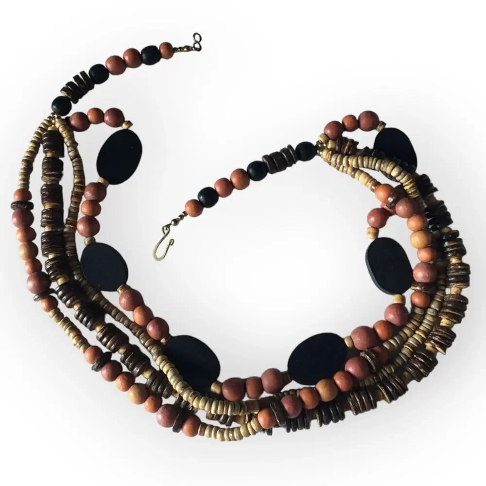 Gorgeous warm wooden bead multi-strand statement necklace